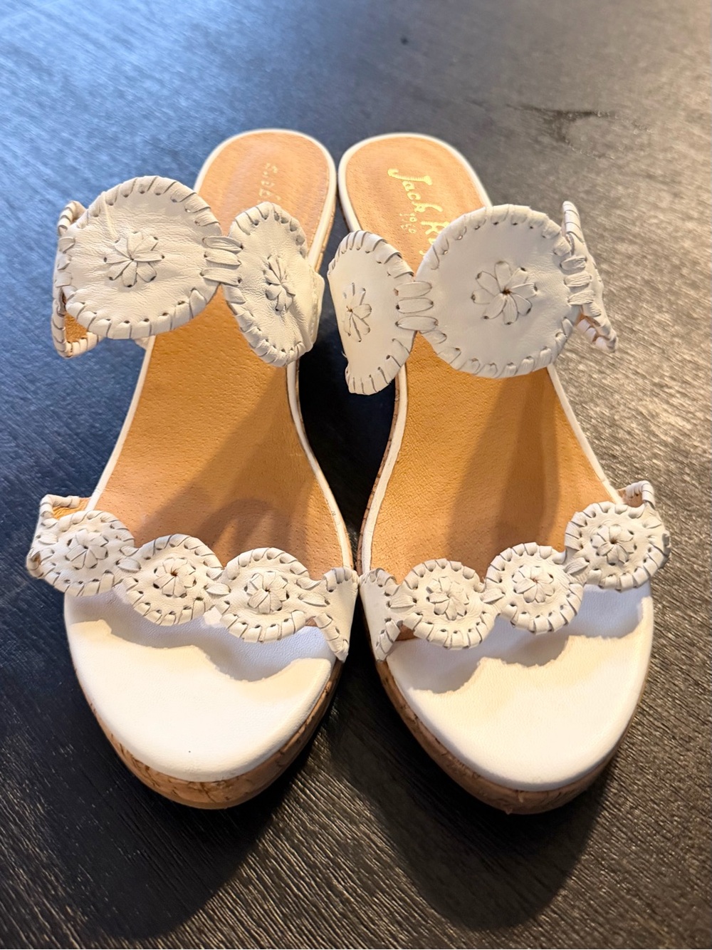 Jack Rogers White Leather Wedge Sandals with Medallion Trim
